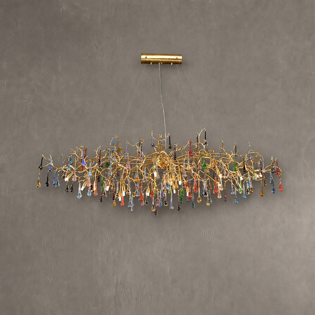 Colorful Raindrop Brass Branch Chandelier with Crystal Accents