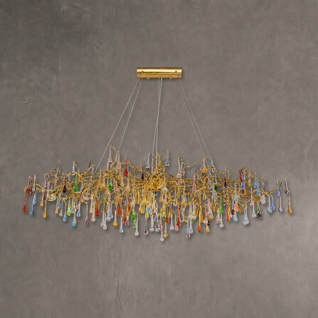 Colorful Raindrop Brass Branch Chandelier with Crystal Accents