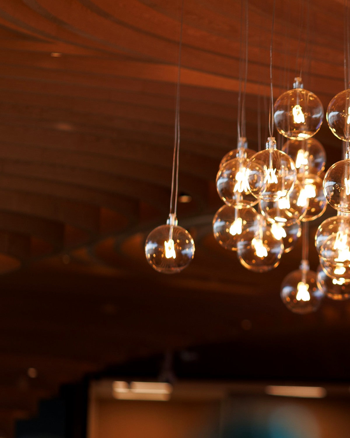 A cluster of amber glass globe pendants at varied drop lengths beneath a curved timber ceiling