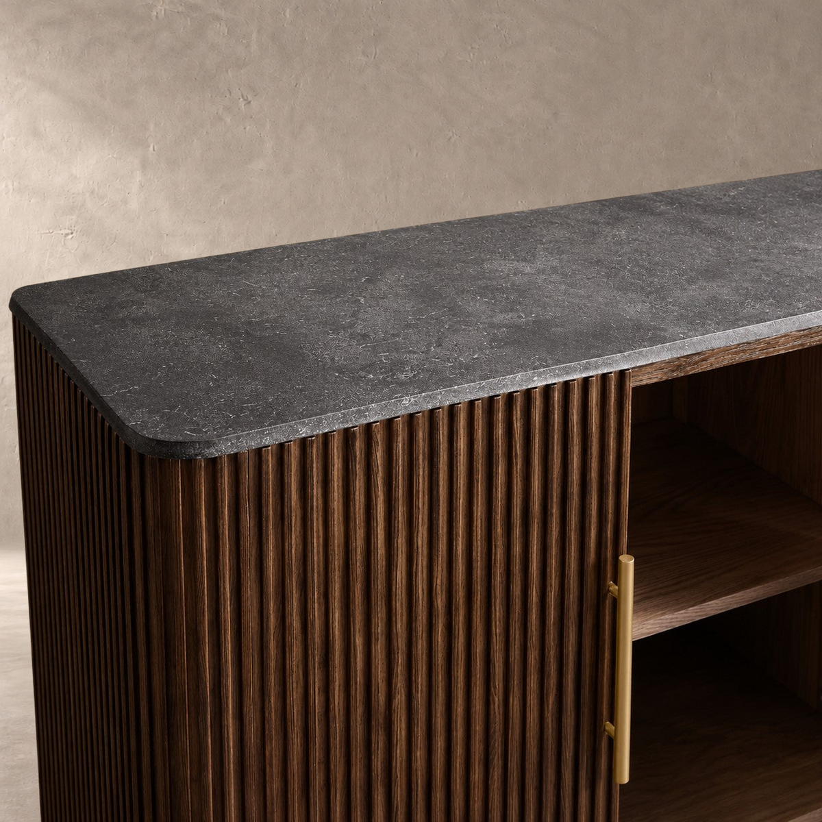 Reeded Wood and Stone Top Credenza