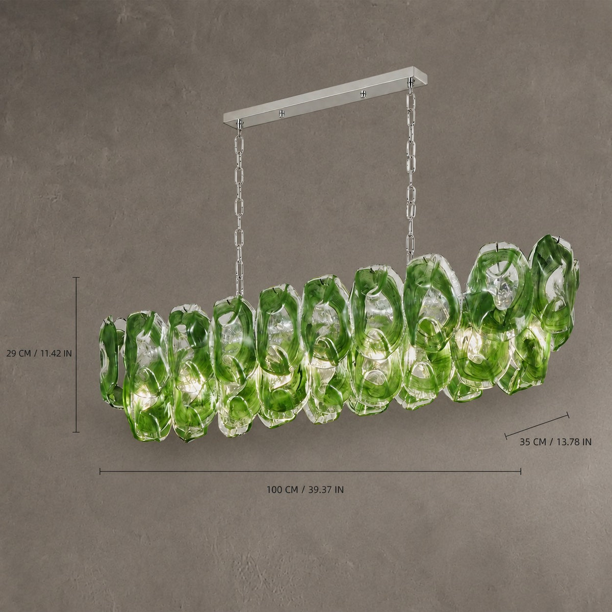 Chandelier Sculptural Green Glass Linear Style