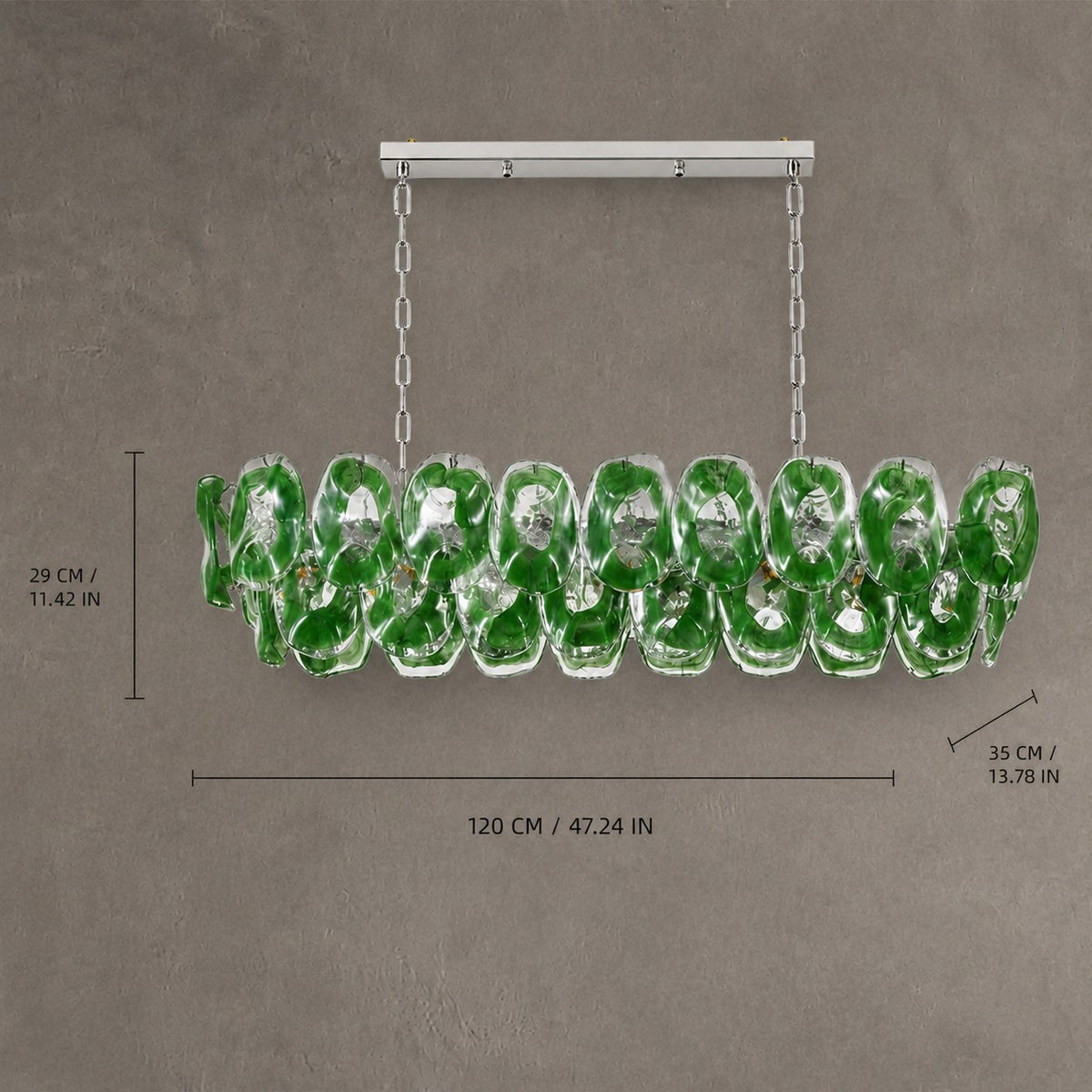 Chandelier Sculptural Green Glass Linear Style