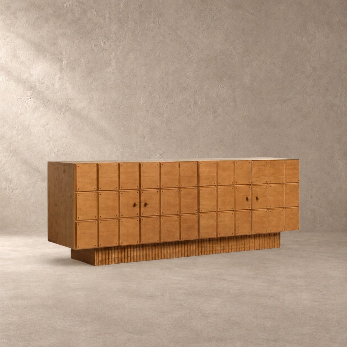 Artisanal Wood Storage Console with Fluted Geometric Plinth
