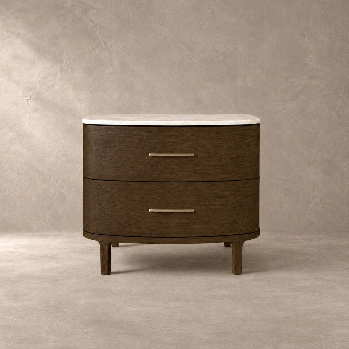 Two-Drawer Marble Top Bedside Table With Brass Pulls