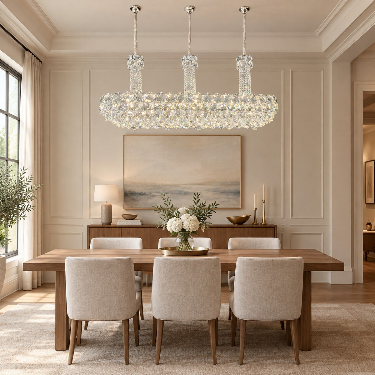 Luxury Linear Hexagonal Crystal Chandelier for Dining Room