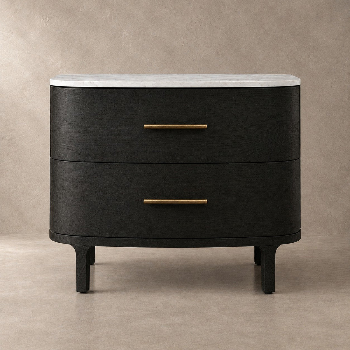 Two-Drawer Marble Top Bedside Table With Brass Pulls