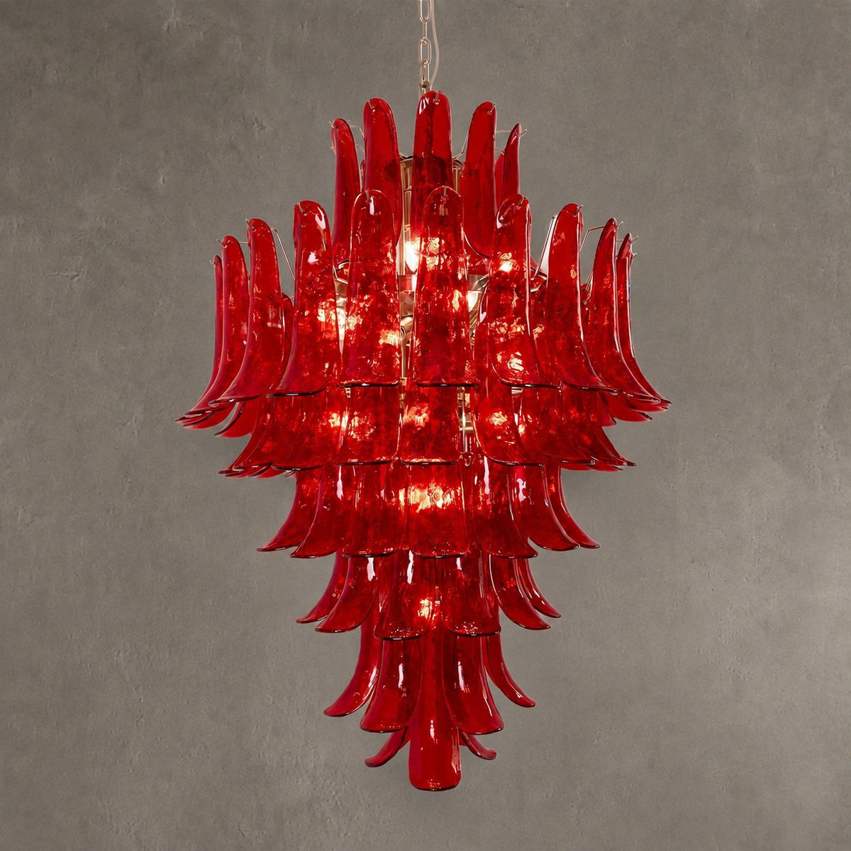 Chandelier  Glass Crimson Cascade Hand-Blown Murano-Style Seven-Tier Chrome