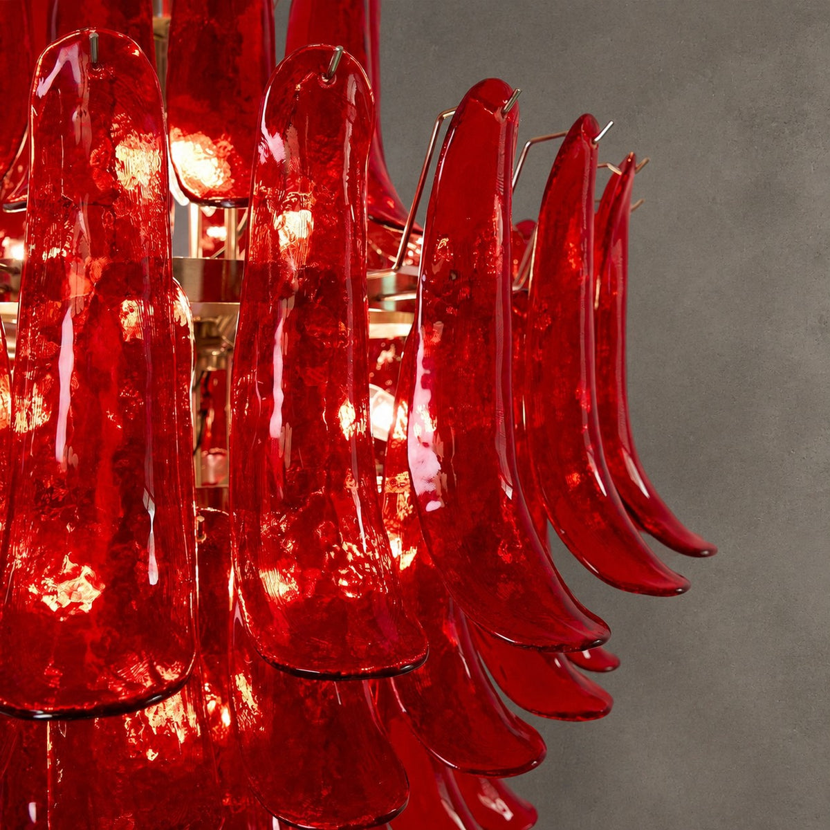 Chandelier  Glass Crimson Cascade Hand-Blown Murano-Style Seven-Tier Chrome