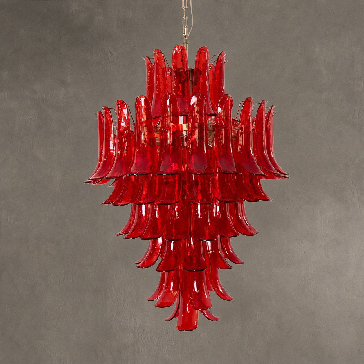 Chandelier  Glass Crimson Cascade Hand-Blown Murano-Style Seven-Tier Chrome