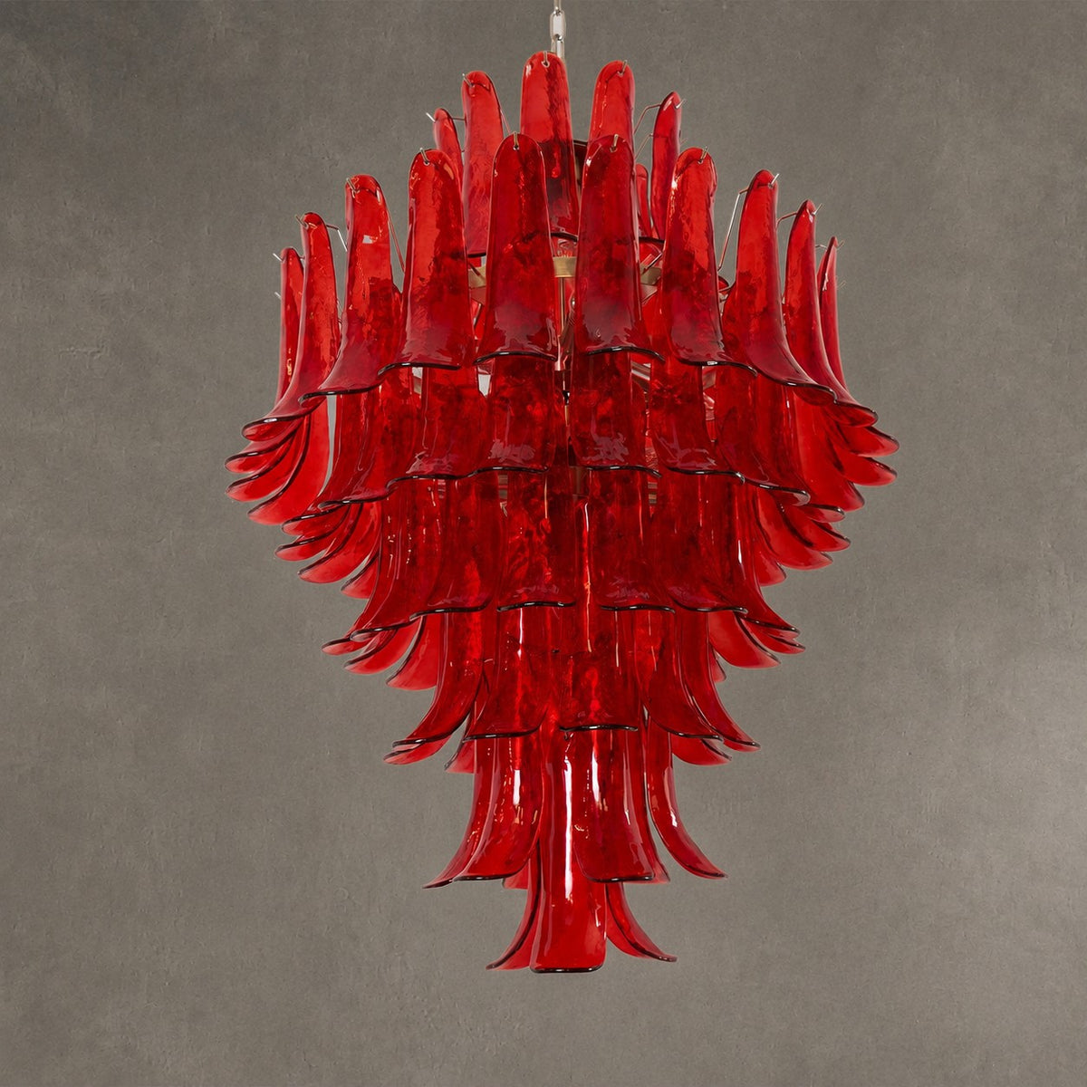 Chandelier  Glass Crimson Cascade Hand-Blown Murano-Style Seven-Tier Chrome