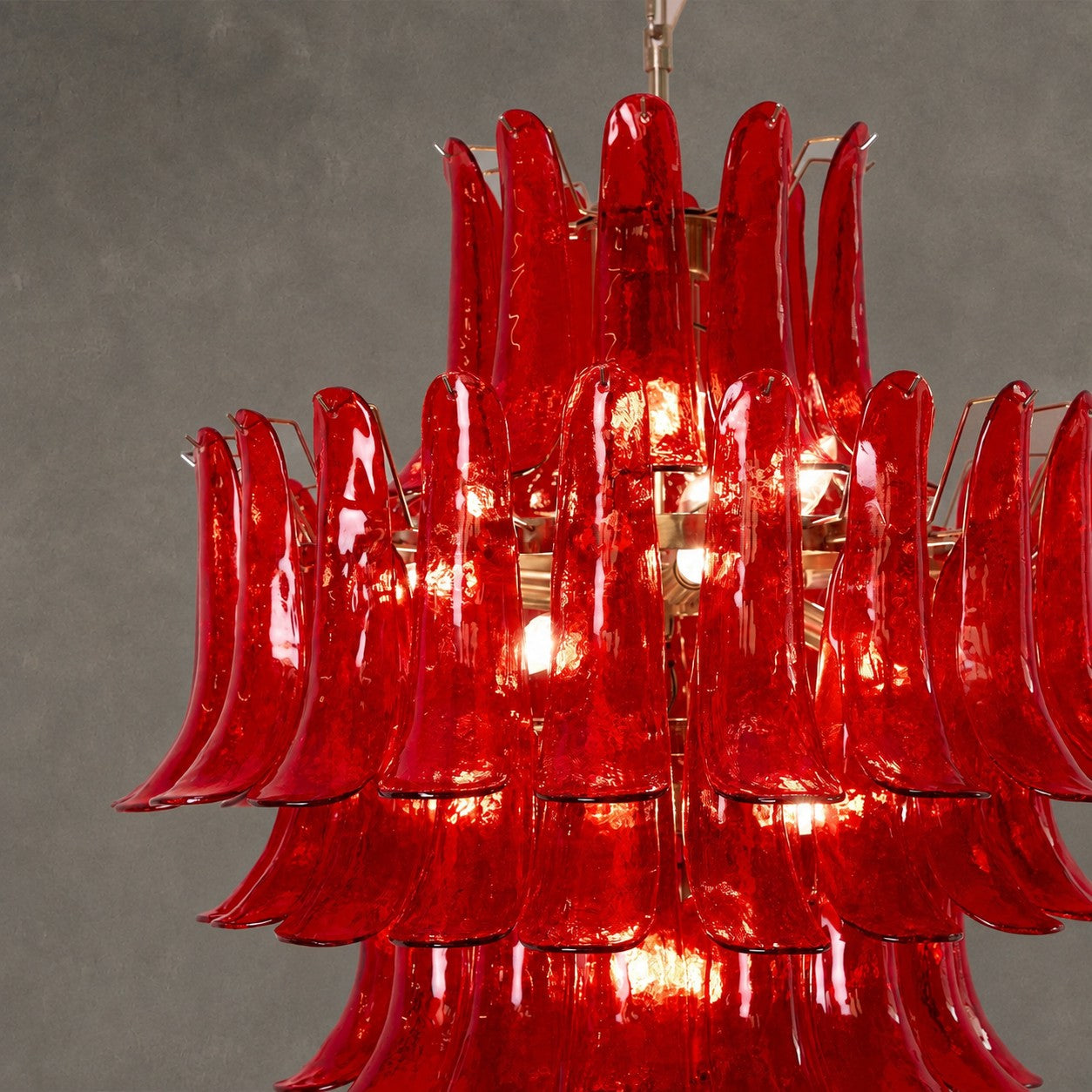 Chandelier  Glass Crimson Cascade Hand-Blown Murano-Style Seven-Tier Chrome