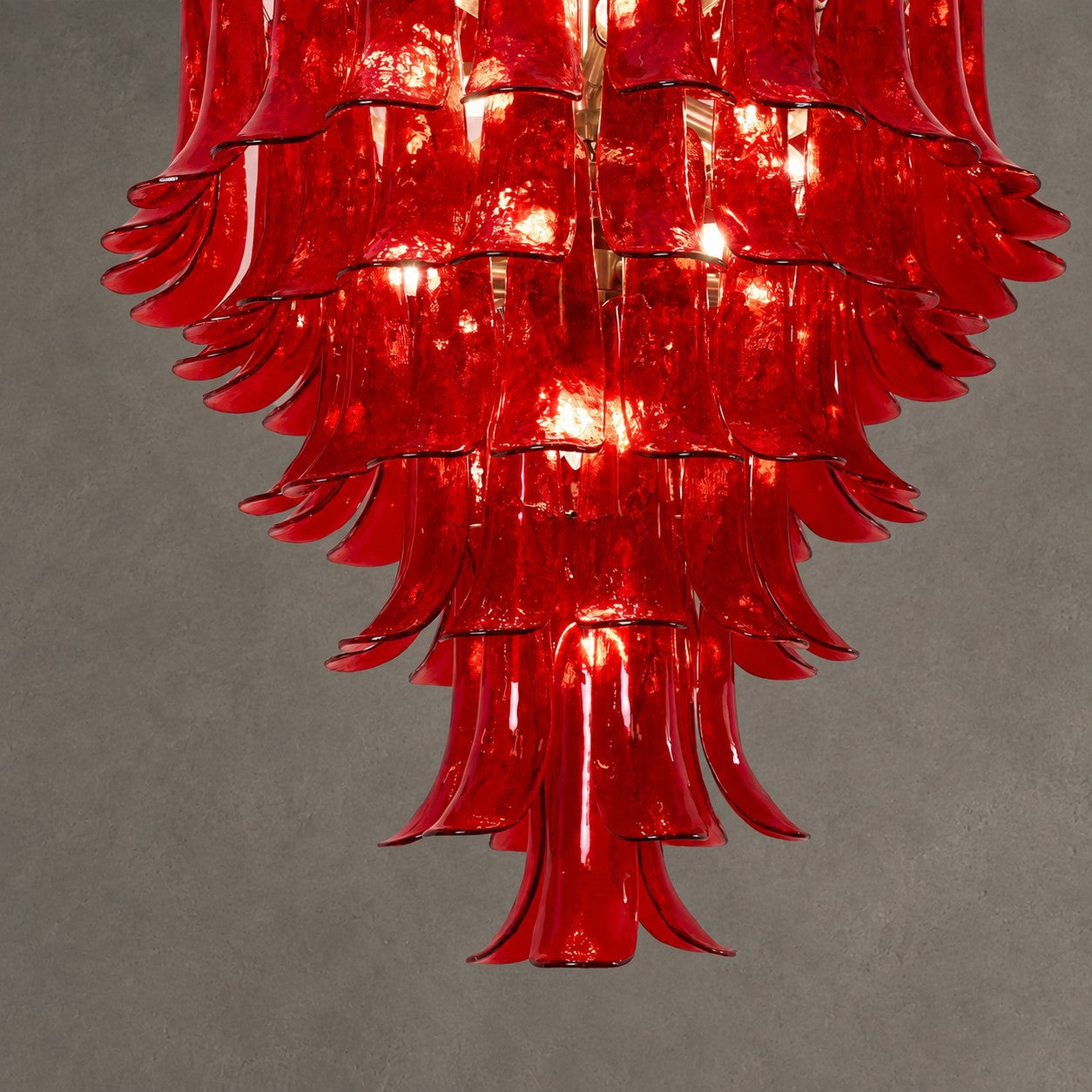 Chandelier  Glass Crimson Cascade Hand-Blown Murano-Style Seven-Tier Chrome