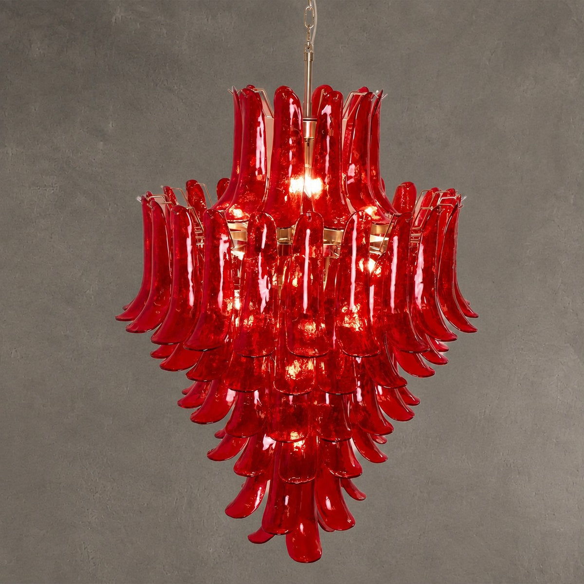 Chandelier  Glass Crimson Cascade Hand-Blown Murano-Style Seven-Tier Chrome