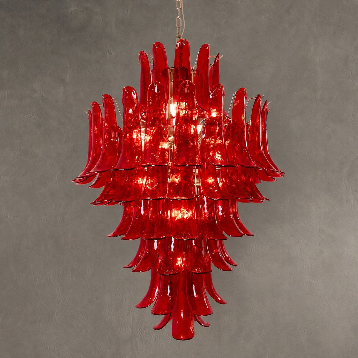 Chandelier  Glass Crimson Cascade Hand-Blown Murano-Style Seven-Tier Chrome