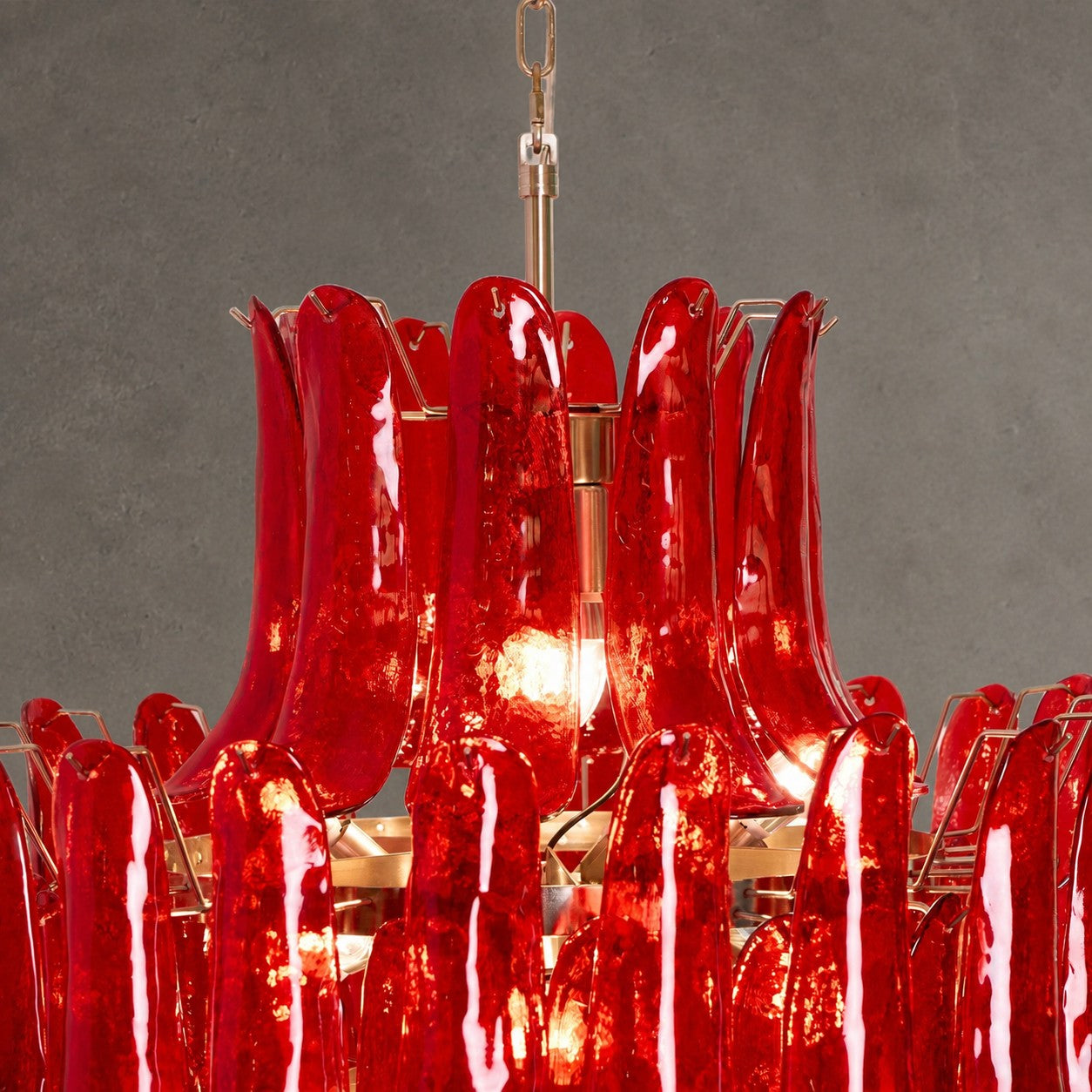 Chandelier  Glass Crimson Cascade Hand-Blown Murano-Style Seven-Tier Chrome