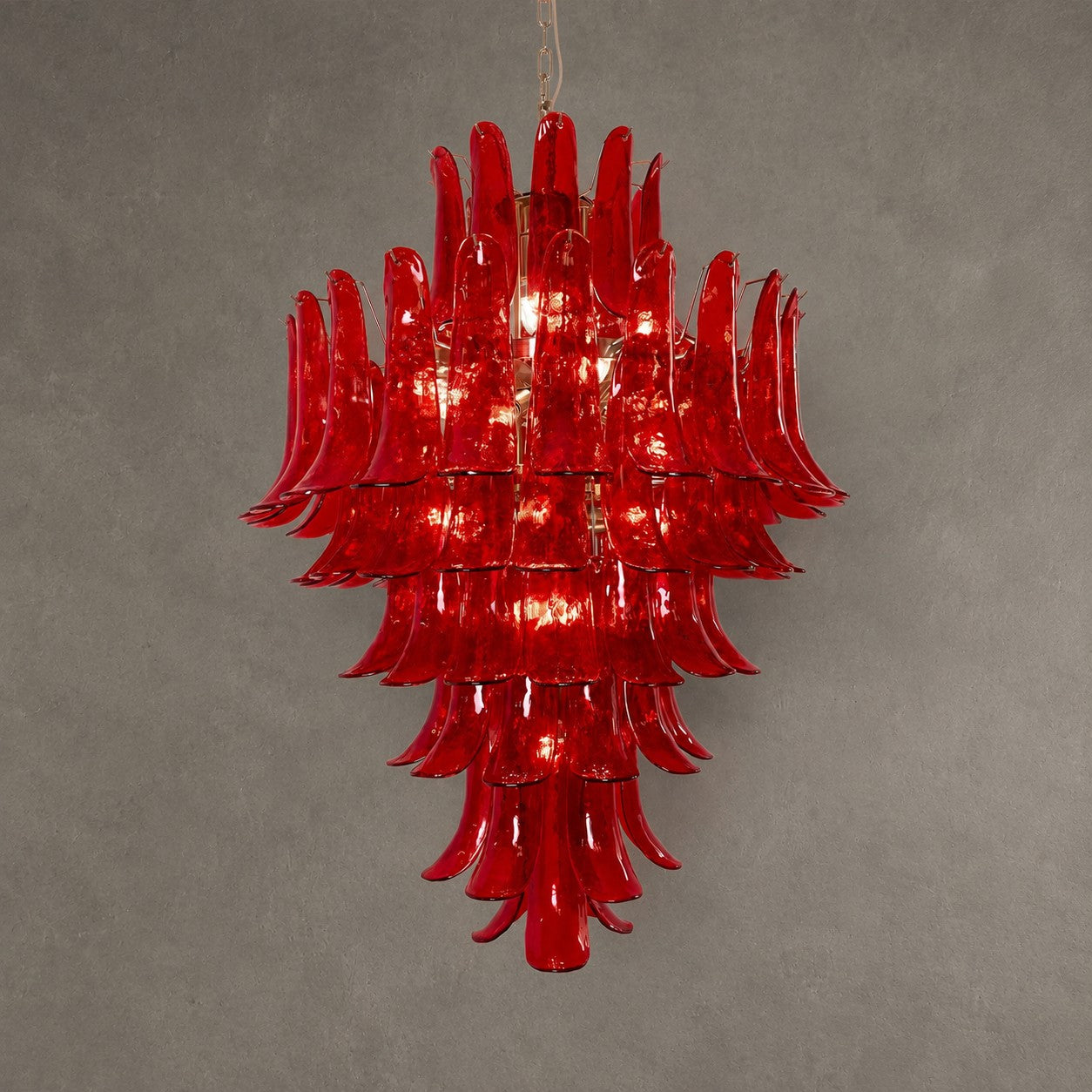 Chandelier  Glass Crimson Cascade Hand-Blown Murano-Style Seven-Tier Chrome