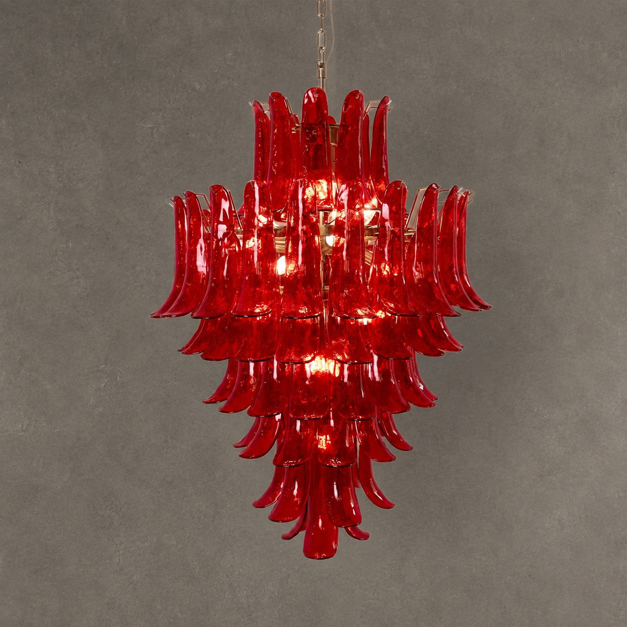 Chandelier  Glass Crimson Cascade Hand-Blown Murano-Style Seven-Tier Chrome