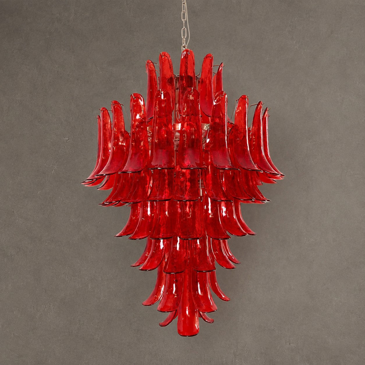 Chandelier  Glass Crimson Cascade Hand-Blown Murano-Style Seven-Tier Chrome