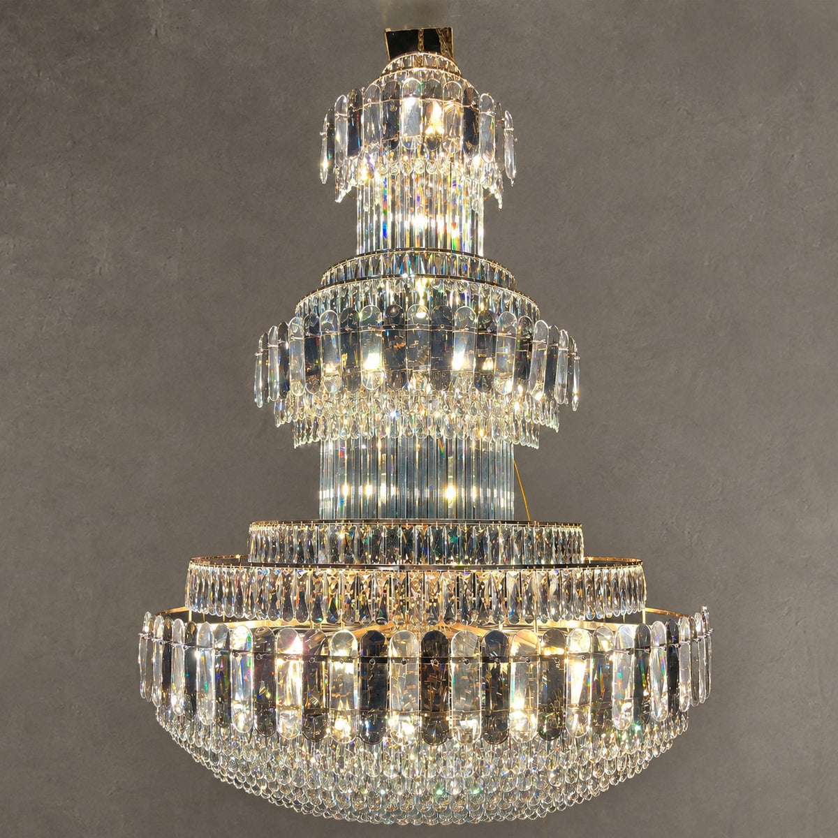 Golden Era Grand Cascade Fountain Smoky Gray&Clear Crystal Chandelier for High-ceiling