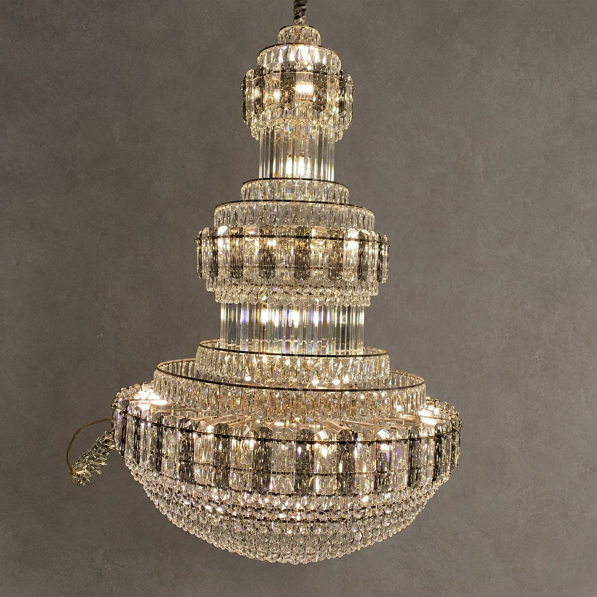 Golden Era Grand Cascade Fountain Smoky Gray&Clear Crystal Chandelier for High-ceiling