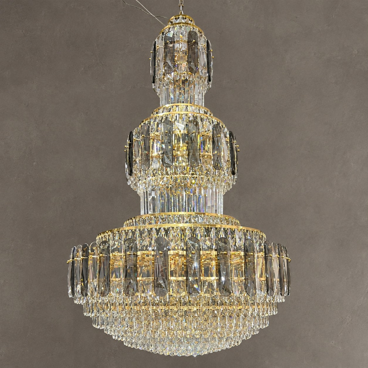 Golden Era Grand Cascade Fountain Smoky Gray&Clear Crystal Chandelier for High-ceiling