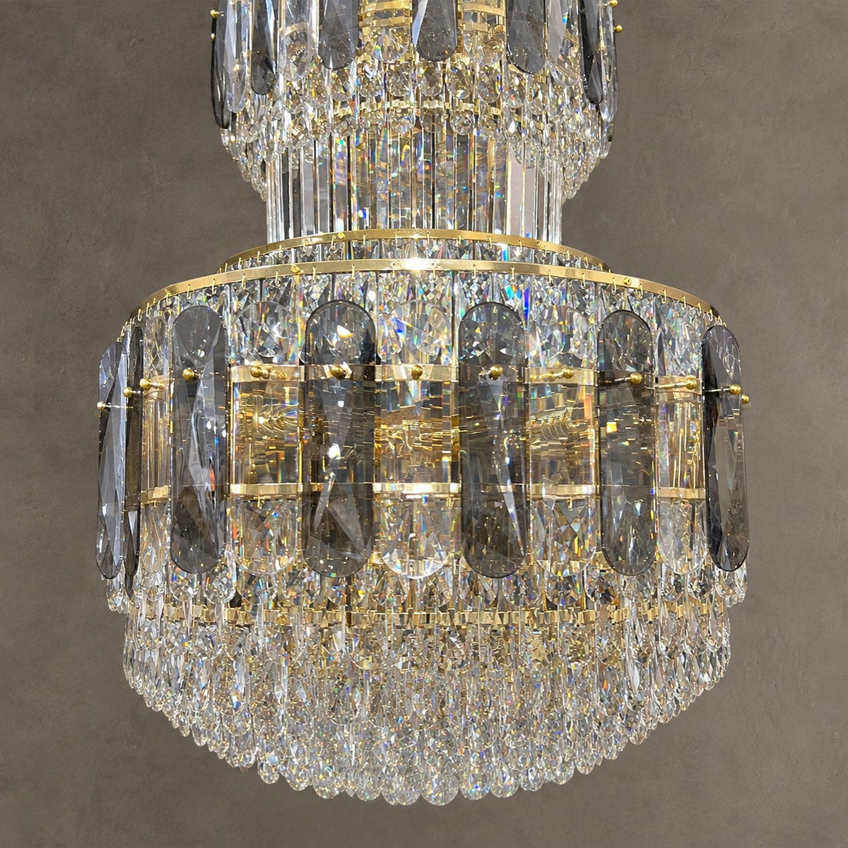 Golden Era Grand Cascade Fountain Smoky Gray&Clear Crystal Chandelier for High-ceiling