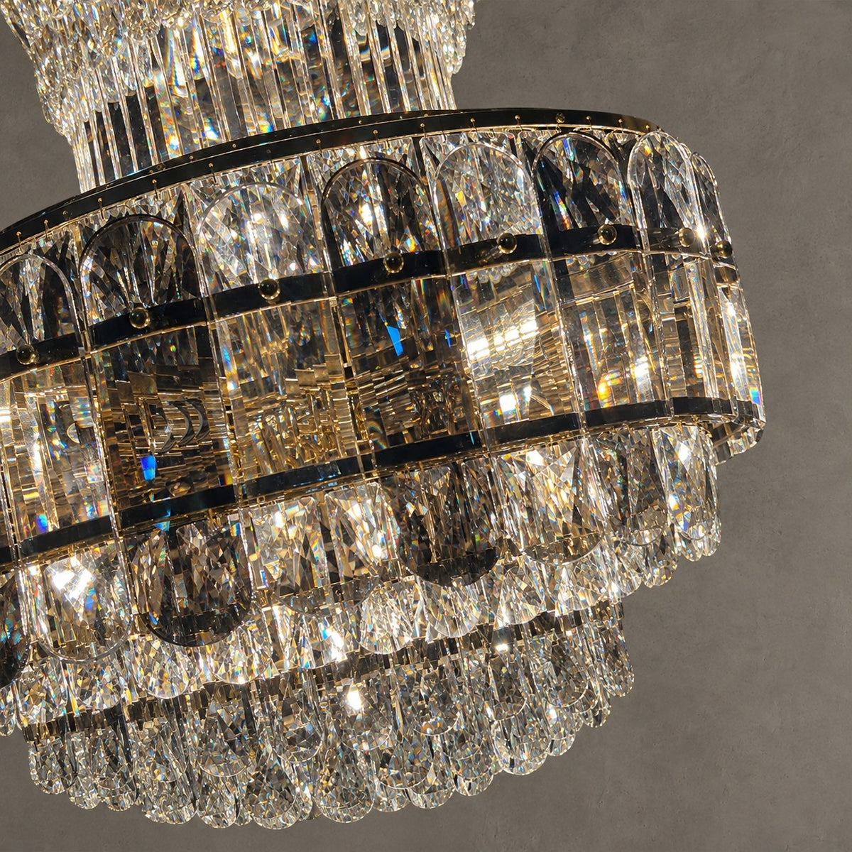 Golden Era Grand Cascade Fountain Smoky Gray&Clear Crystal Chandelier for High-ceiling