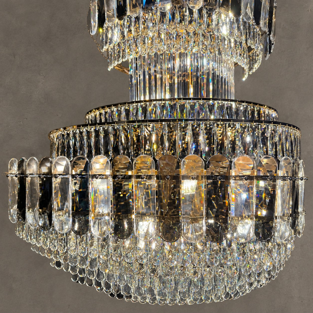 Golden Era Grand Cascade Fountain Smoky Gray&Clear Crystal Chandelier for High-ceiling