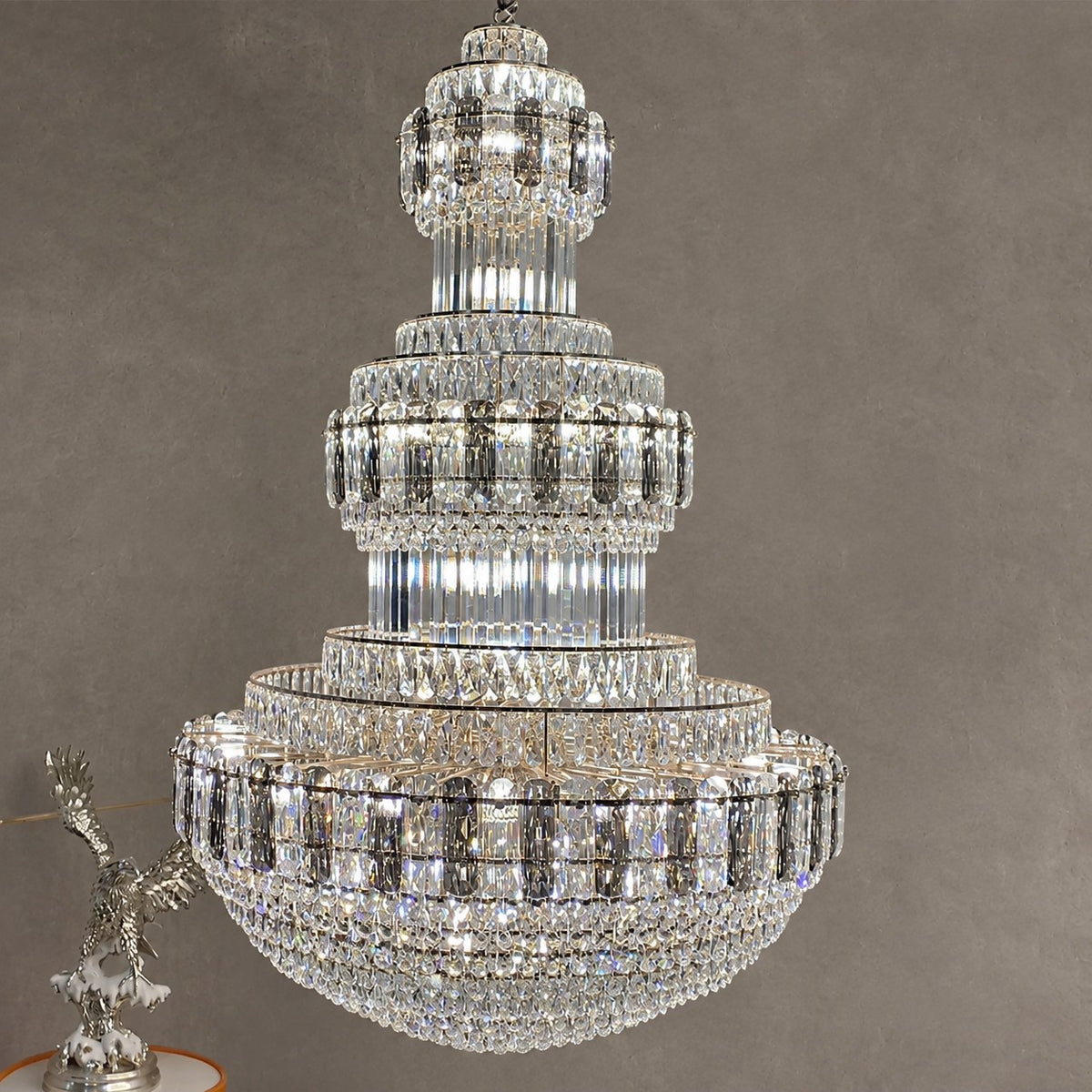 Golden Era Grand Cascade Fountain Smoky Gray&Clear Crystal Chandelier for High-ceiling