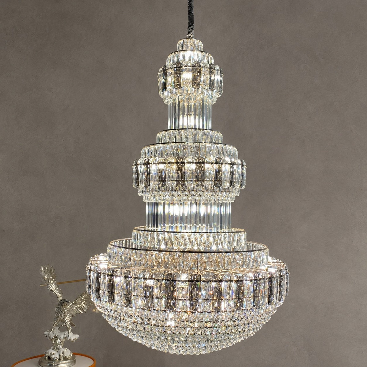 Golden Era Grand Cascade Fountain Smoky Gray&Clear Crystal Chandelier for High-ceiling