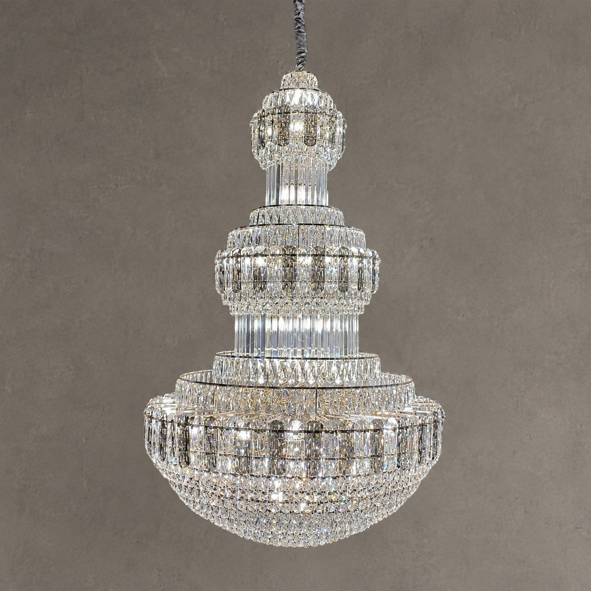 Golden Era Grand Cascade Fountain Smoky Gray&Clear Crystal Chandelier for High-ceiling
