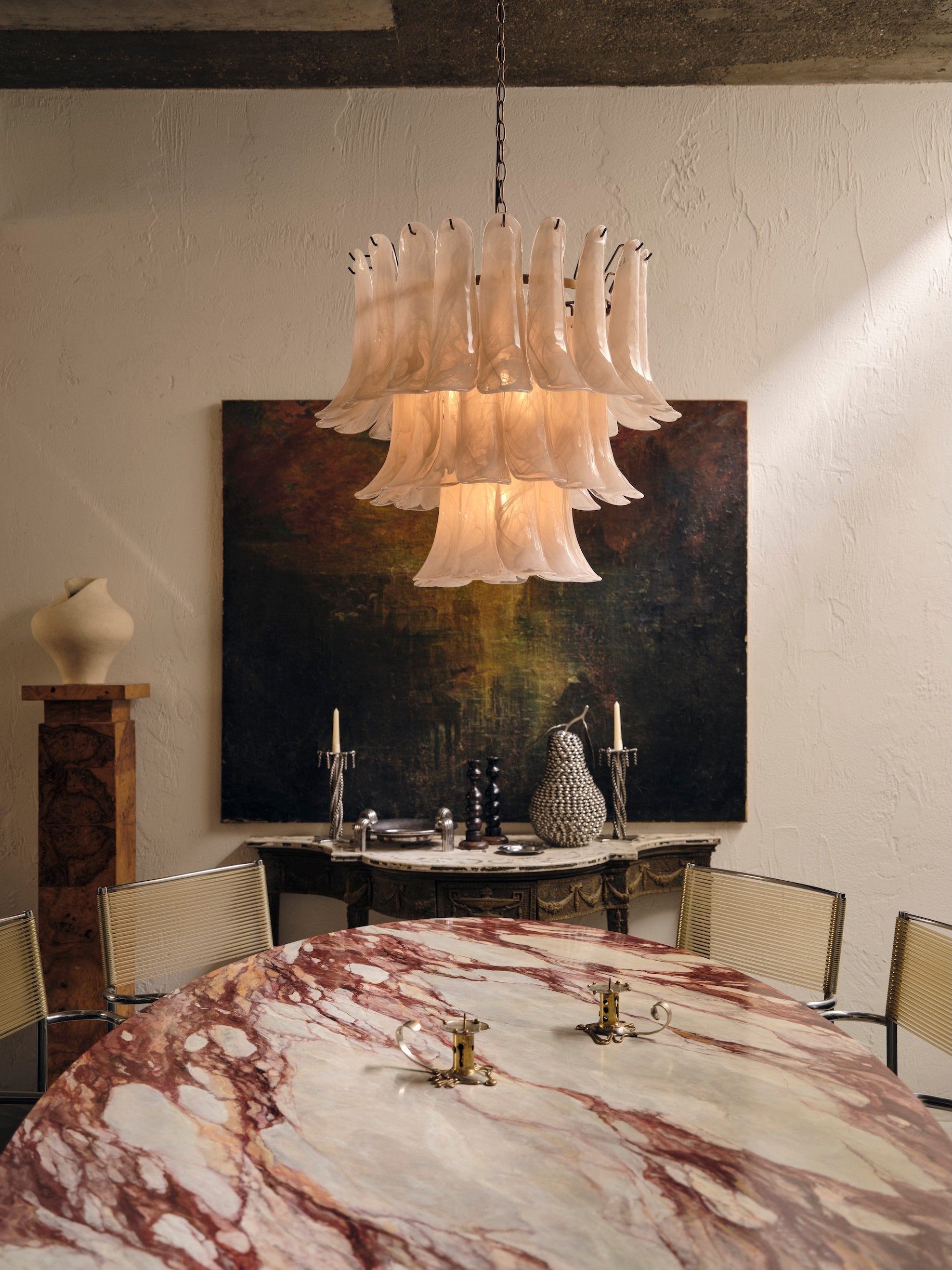 Lonso Taupe Mid-Century Brass & Glass Chandelier – Vintage Glam