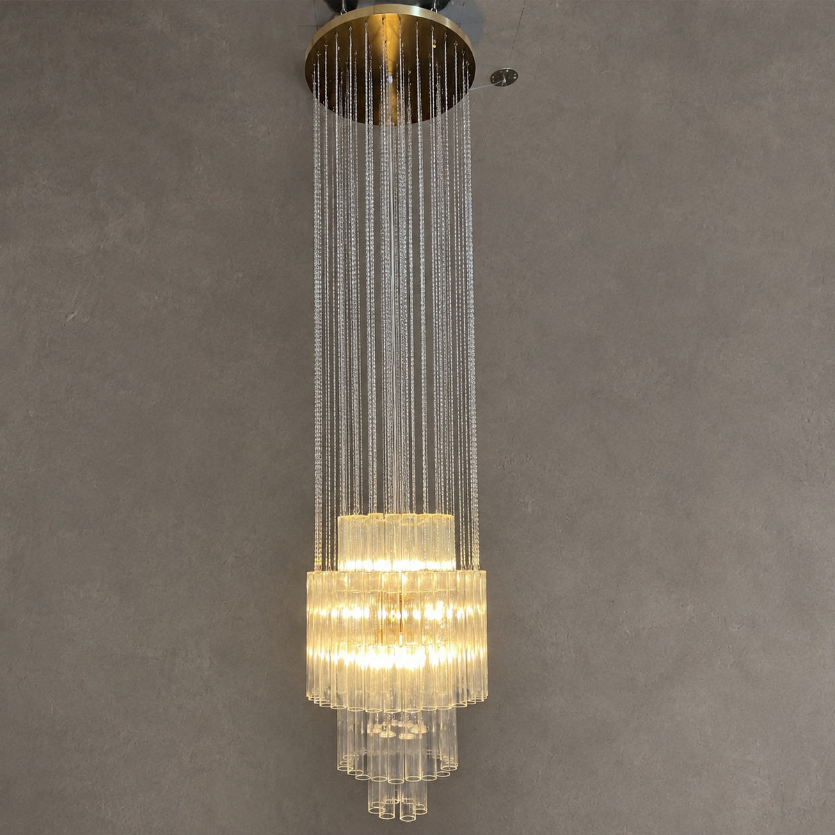 Luxury Floating Cascade Clear Glass Tube Chandelier for High Ceilings