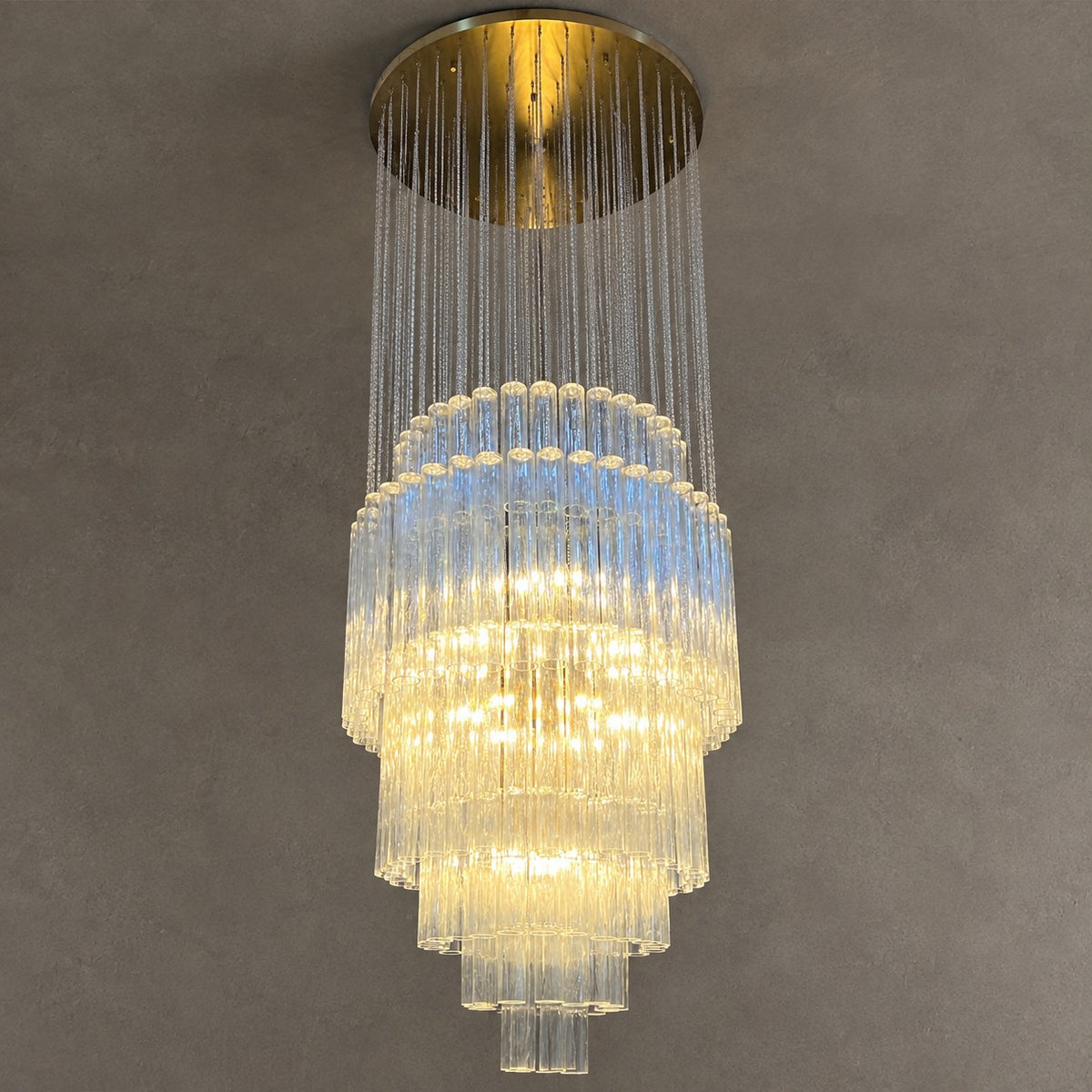 Luxury Floating Cascade Clear Glass Tube Chandelier for High Ceilings