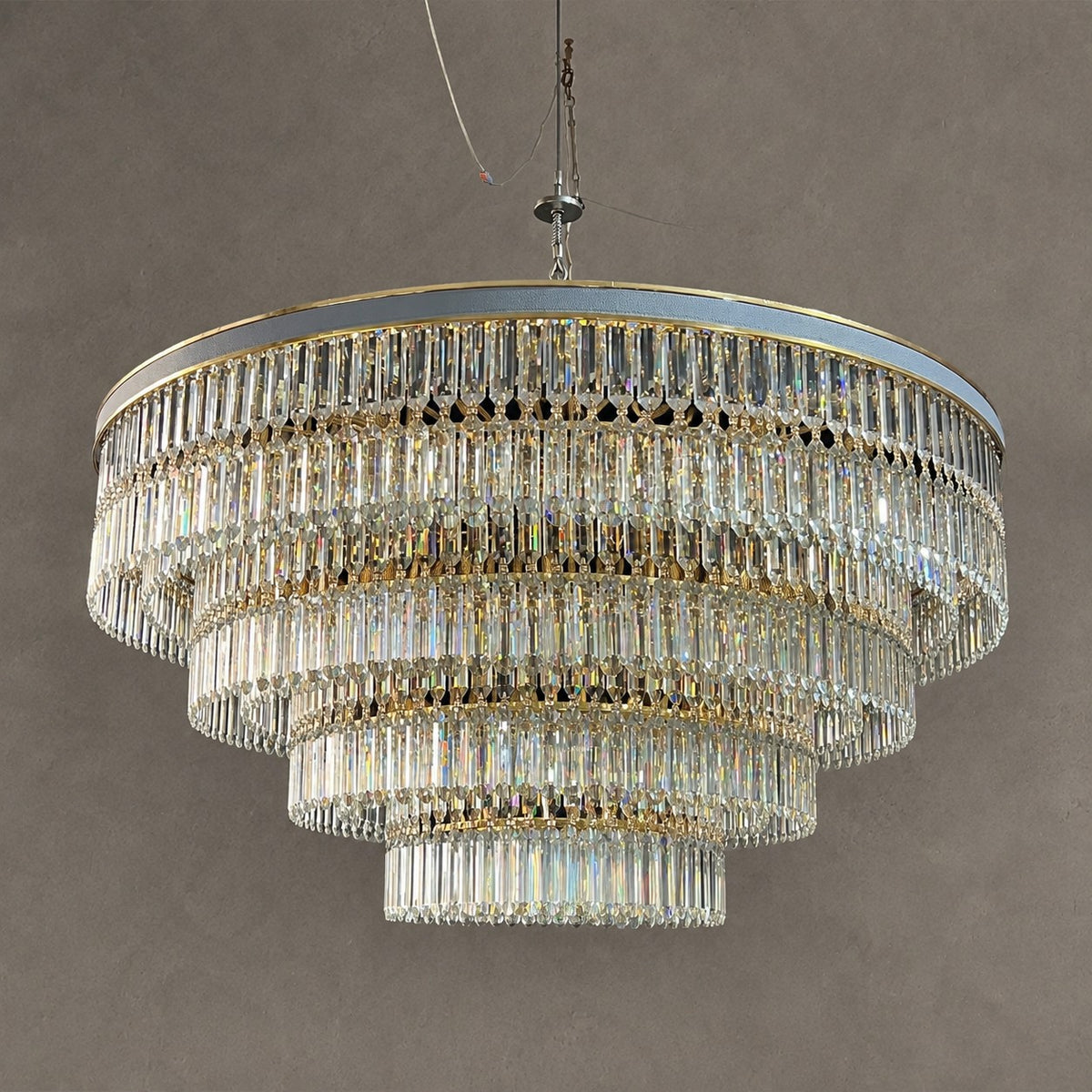 Modern Multi-tier Round Crystal Chandelier with White Leather for Foyer/Living Room/Staircase