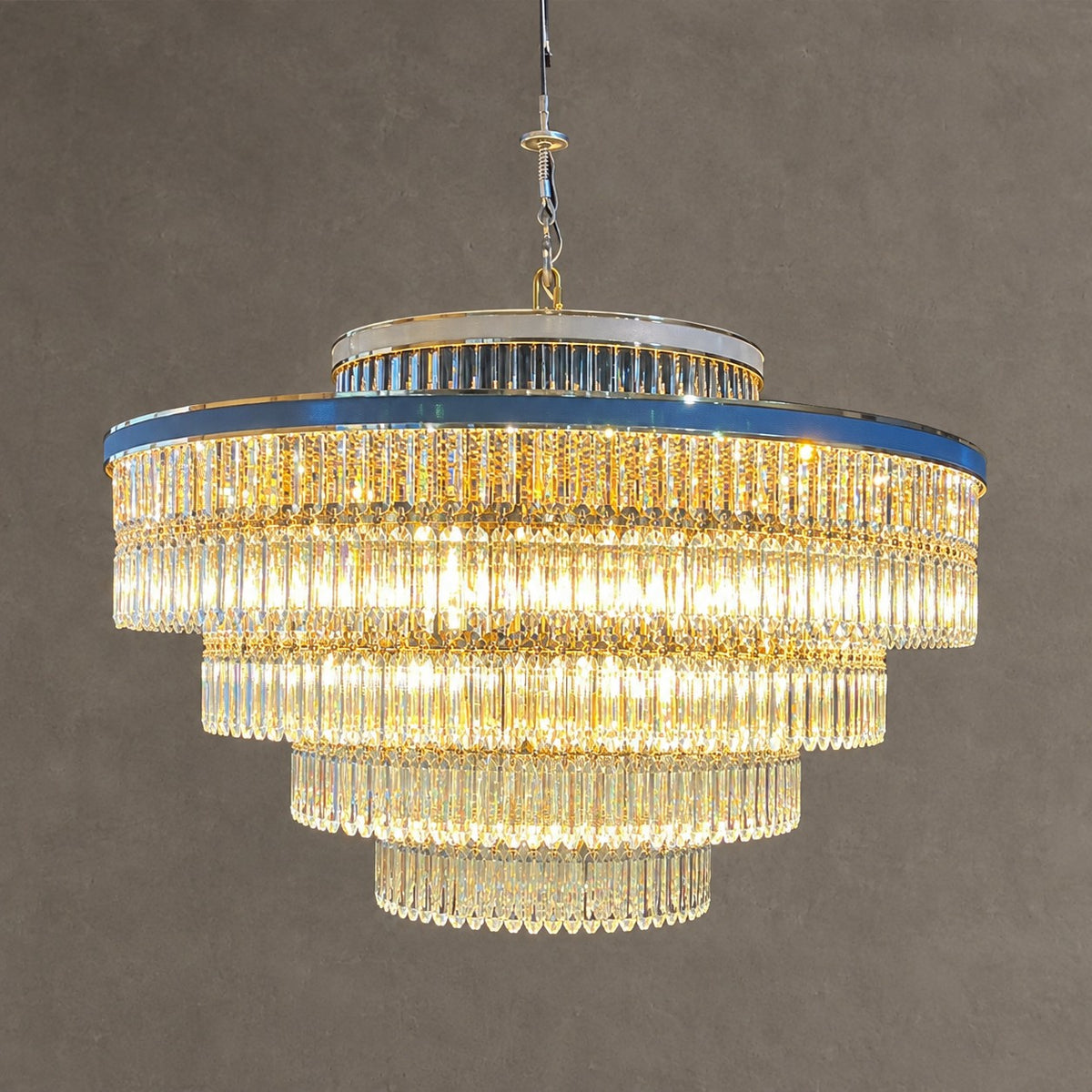 Modern Multi-tier Round Crystal Chandelier with White Leather for Foyer/Living Room/Staircase