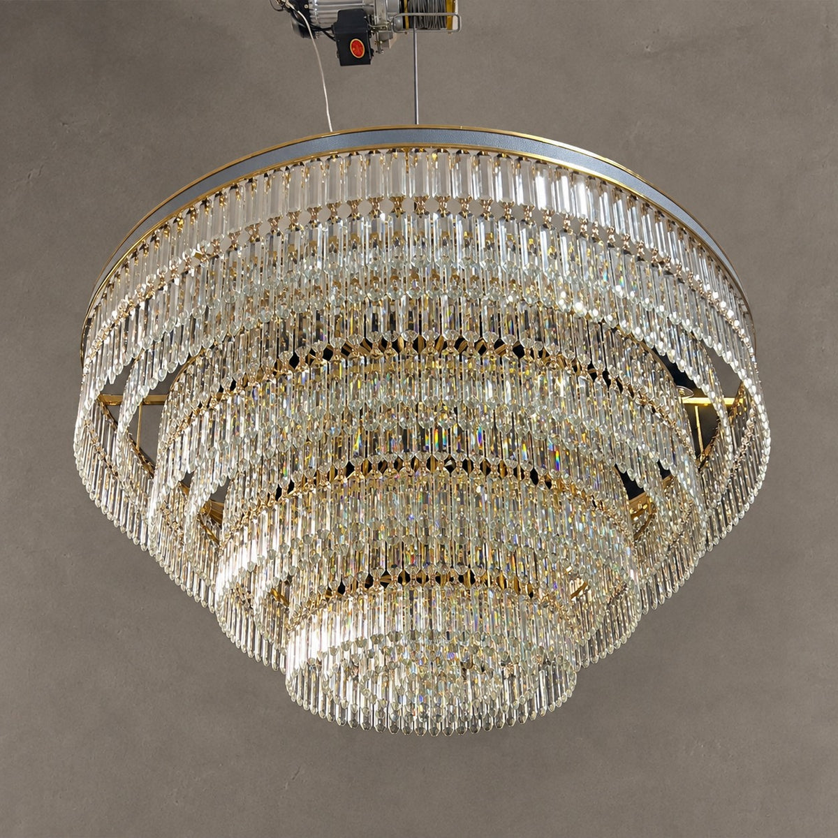 Modern Multi-tier Round Crystal Chandelier with White Leather for Foyer/Living Room/Staircase