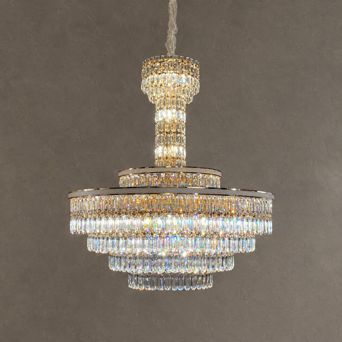Modern Multi-tier Round Crystal Chandelier with White Leather for Foyer/Living Room/Staircase