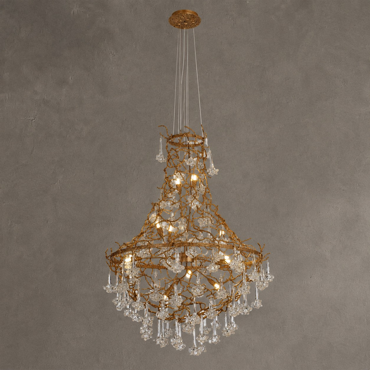 Nature-inspired Brass Tree Chandelier with Glazed Glass Flowers