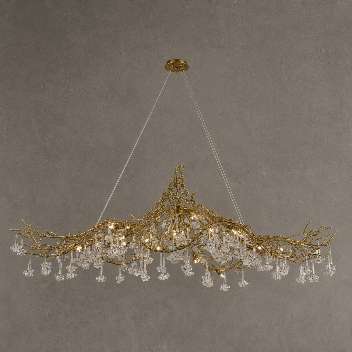 Nature-inspired Brass Tree Chandelier with Glazed Glass Flowers