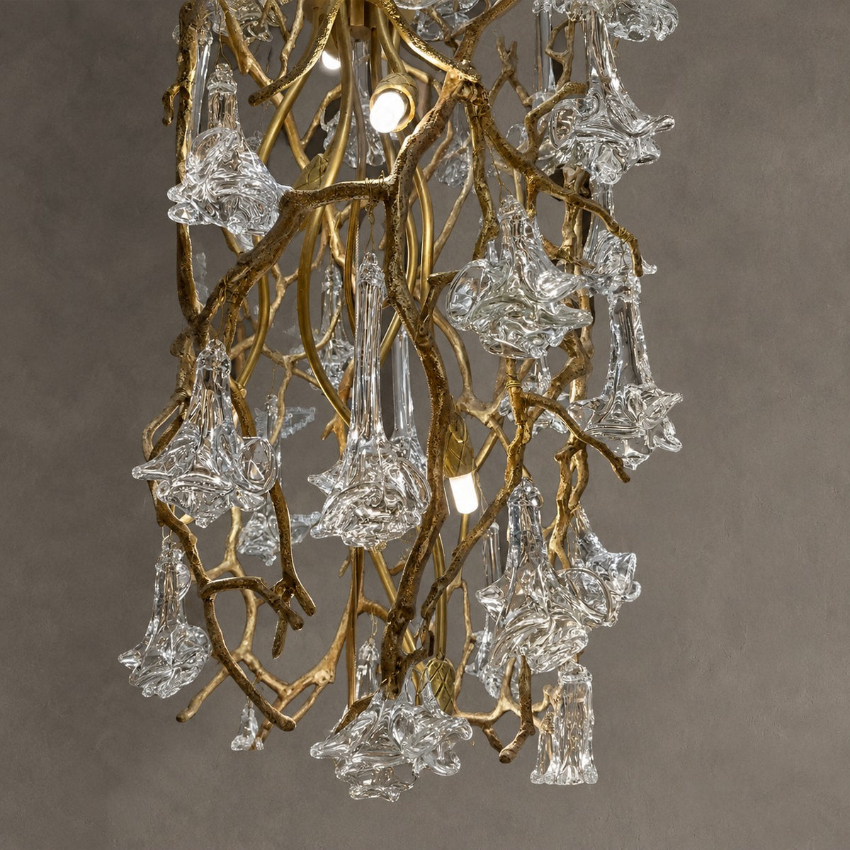 Nature-inspired Brass Tree Chandelier with Glazed Glass Flowers