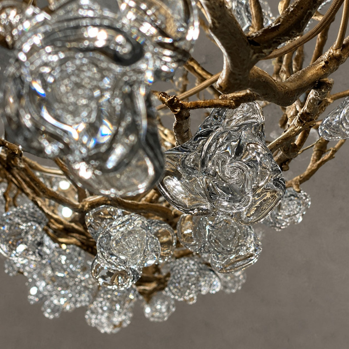 Nature-inspired Brass Tree Chandelier with Glazed Glass Flowers