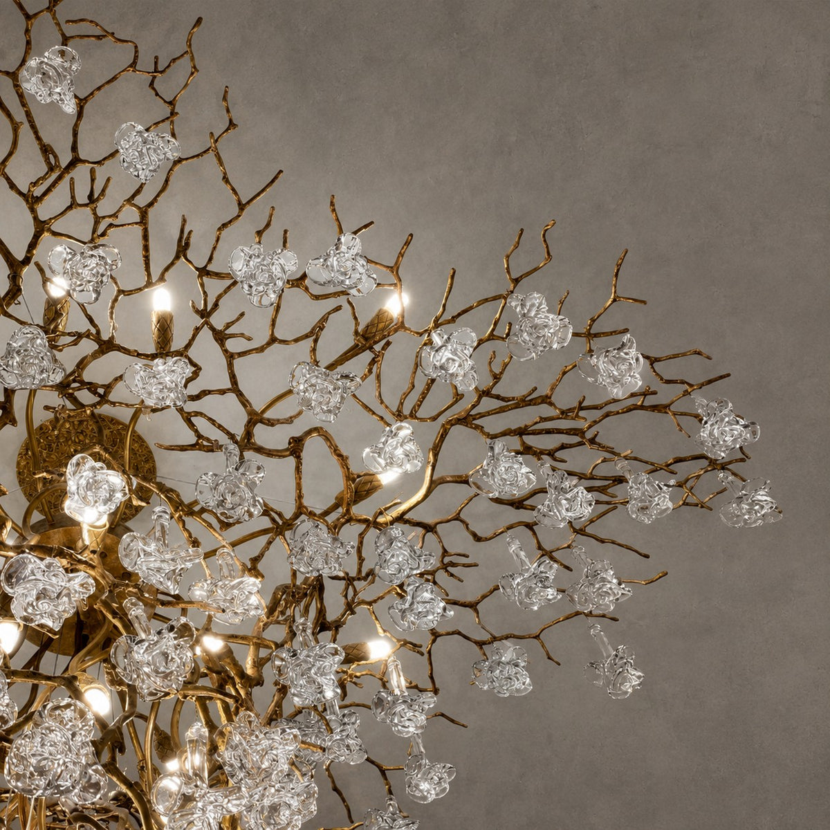 Nature-inspired Brass Tree Chandelier with Glazed Glass Flowers