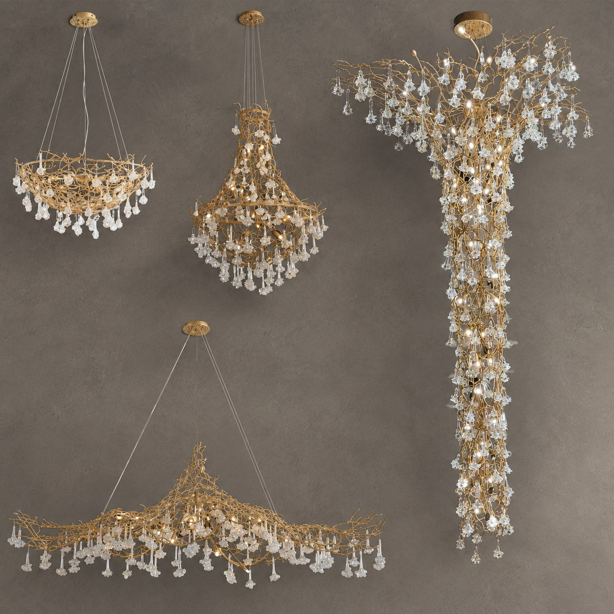 Nature-inspired Brass Tree Chandelier with Glazed Glass Flowers