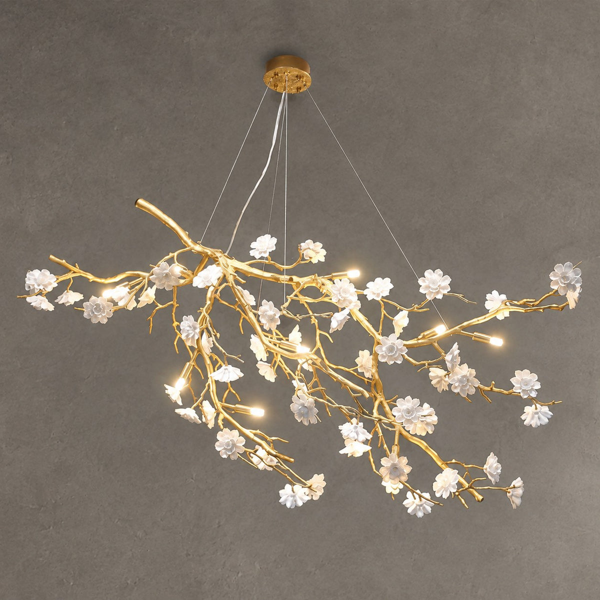 Post-Modern Art Brass and Ceramics Flower Pendant Branch Chandelier for Living/Dining Room