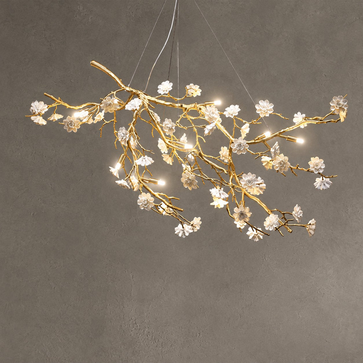 Post-Modern Art Brass and Ceramics Flower Pendant Branch Chandelier for Living/Dining Room