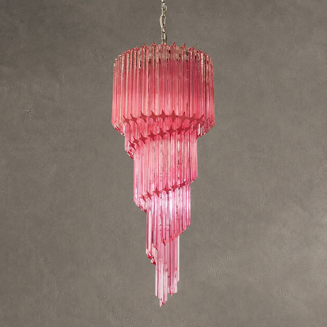 Chandelier  Spiral Prism Glass Hand-Cut Faceted Prisms Nickel Frame Pink Amber