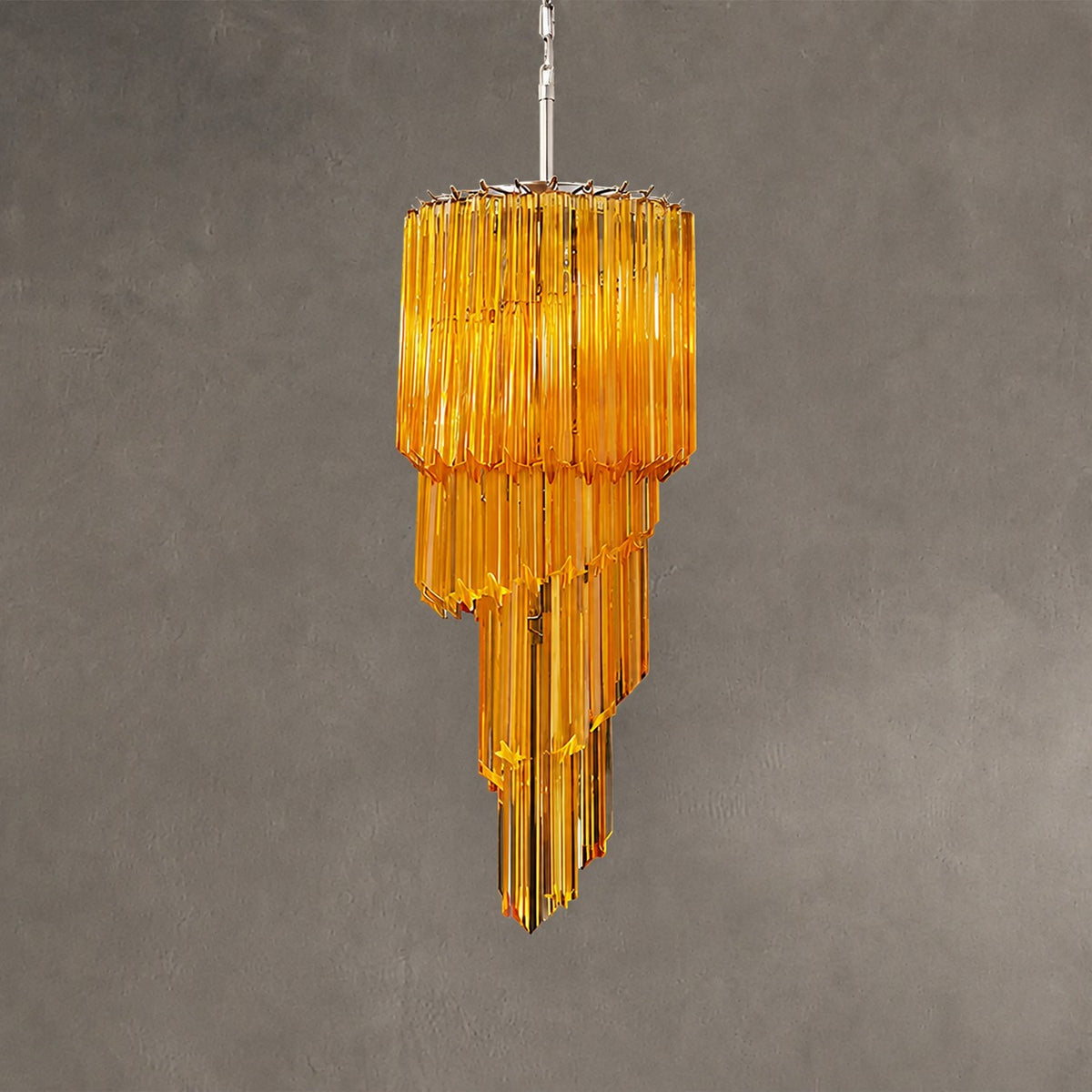 Chandelier  Spiral Prism Glass Hand-Cut Faceted Prisms Nickel Frame Pink Amber