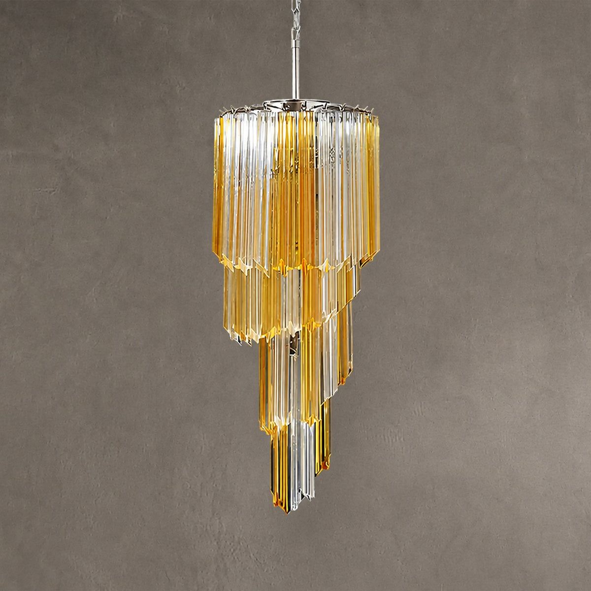 Chandelier  Spiral Prism Glass Hand-Cut Faceted Prisms Nickel Frame Pink Amber