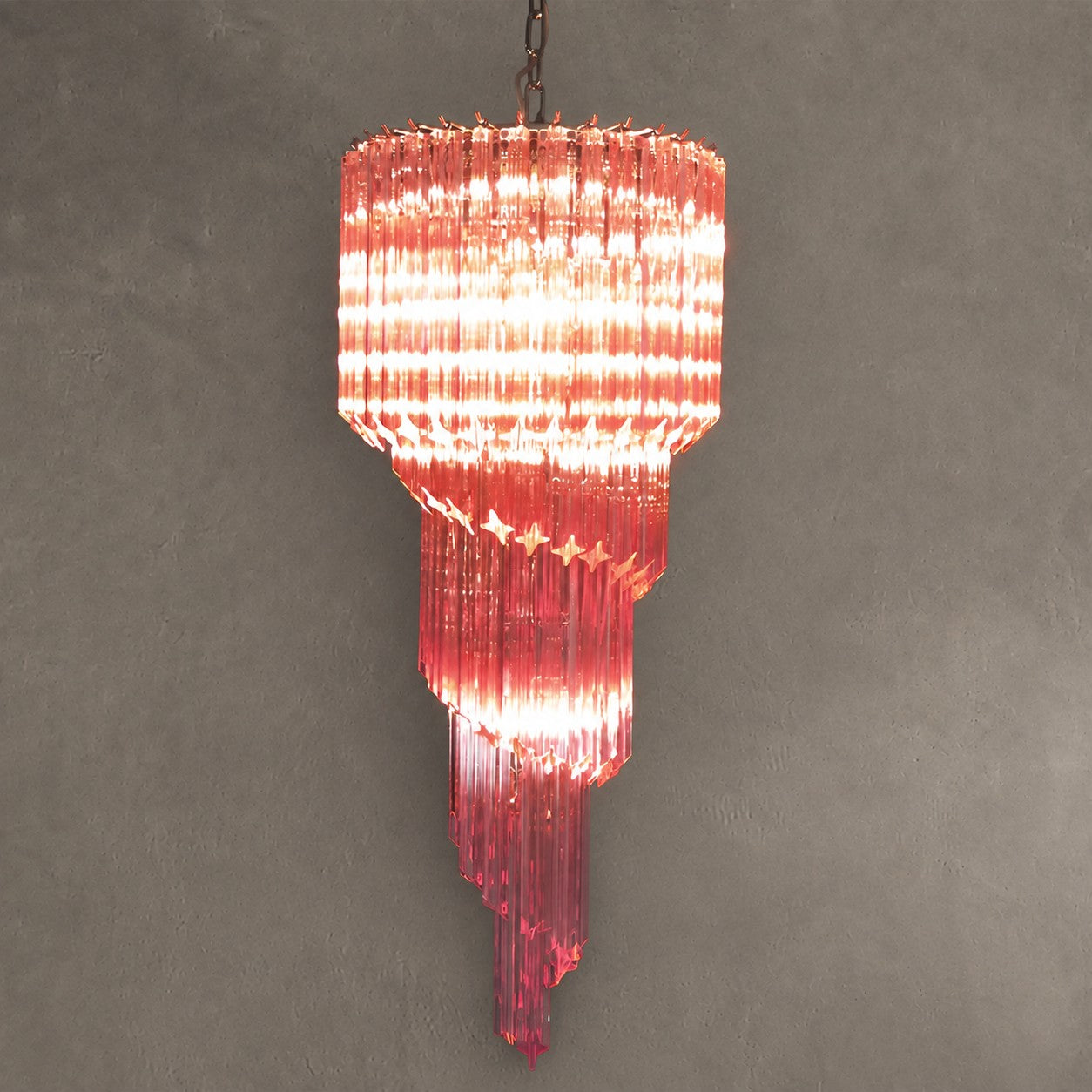 Chandelier  Spiral Prism Glass Hand-Cut Faceted Prisms Nickel Frame Pink Amber